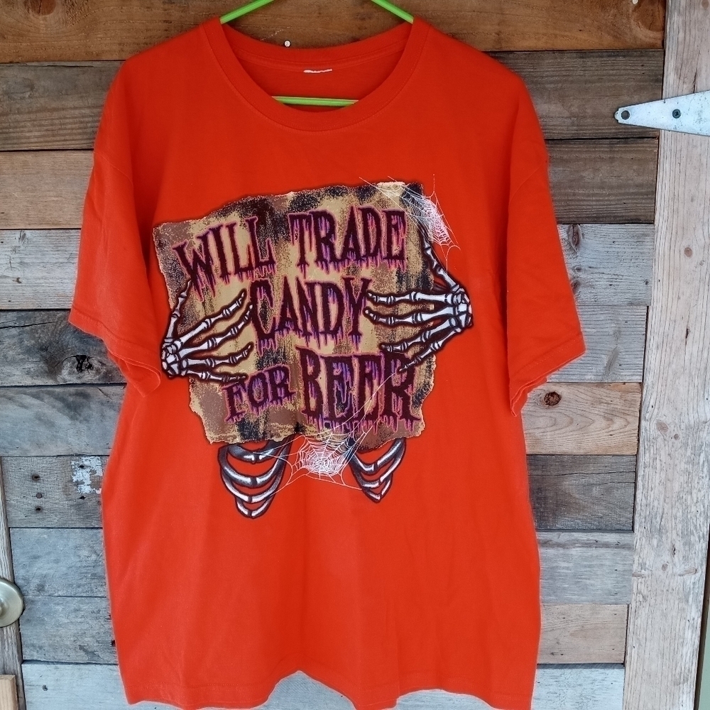 Men's Orange Graphic Halloween T Shirt Size XL Trade Candy for Beer Alcohol